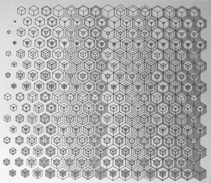 8 bits hexagons, 3D, in sequence, black on white