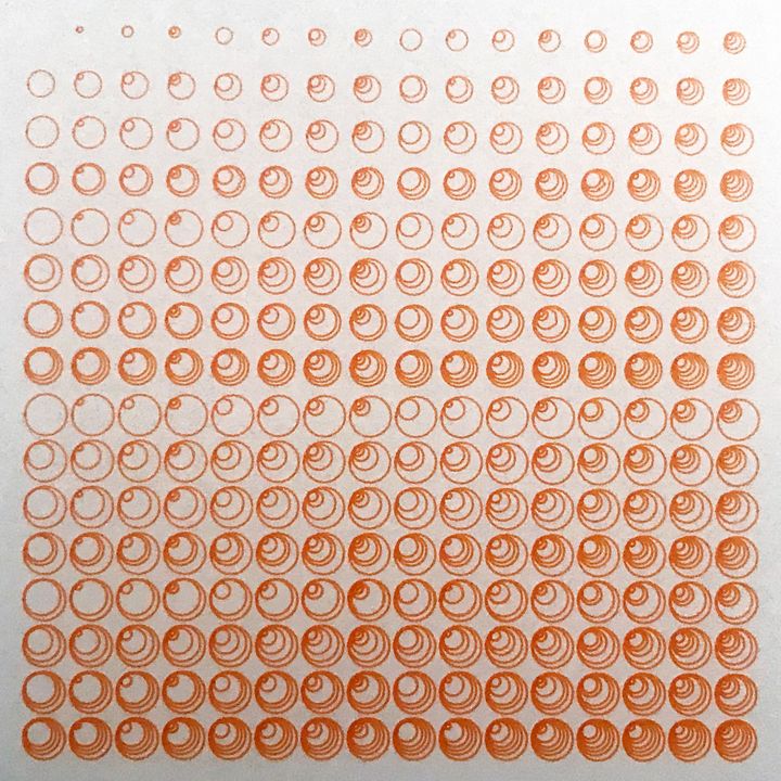 8 bits circles to the side, orange on white, in sequence