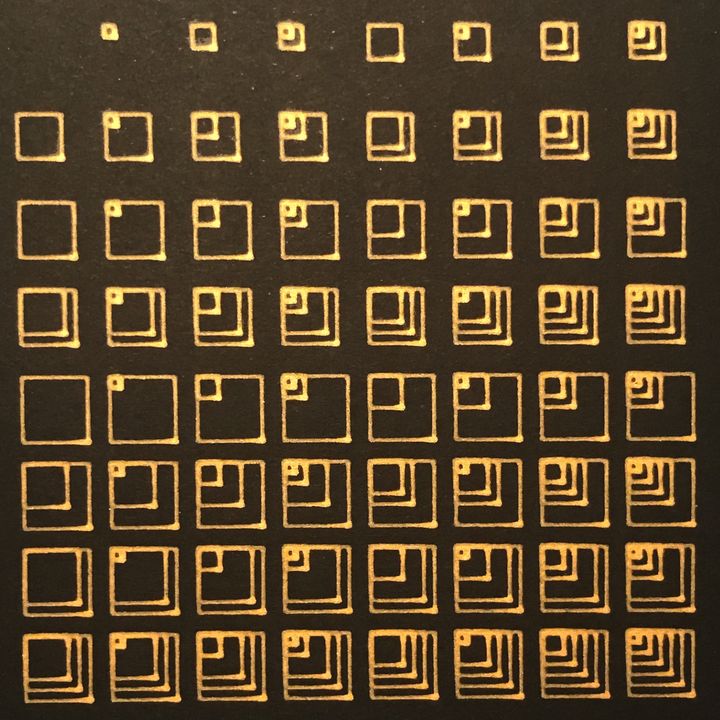 6 bits squares to the side, bronze on black, in sequence
