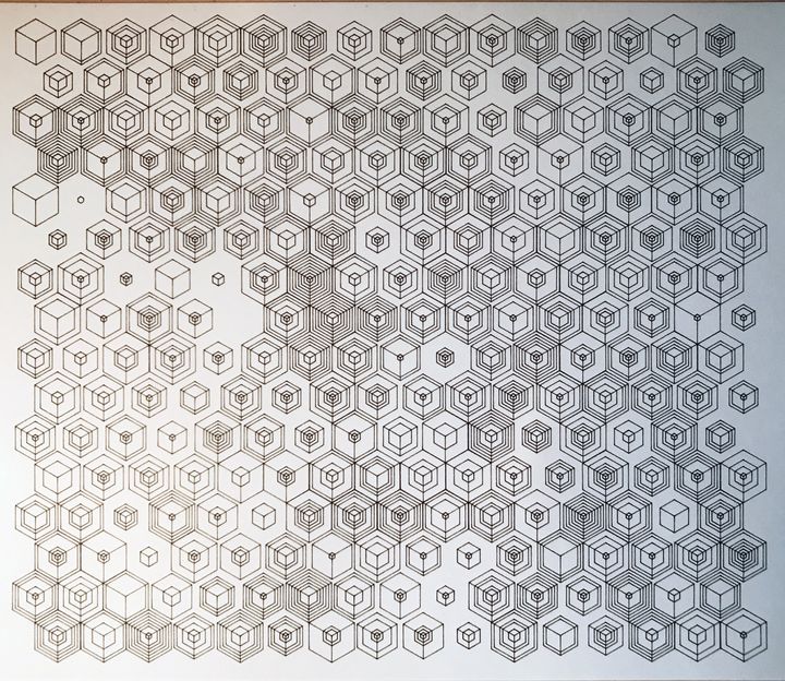 8 bits hexagons, 3D, shuffled, black on white