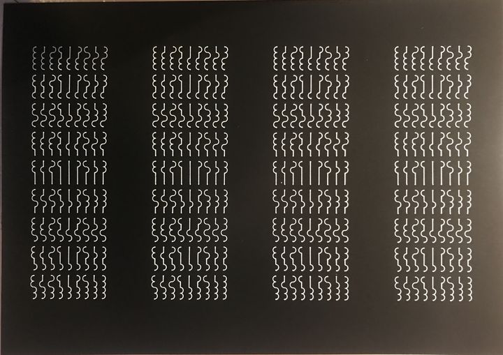 4 trits stick figures, arcs, white on black, four times, in sequence, in sequence