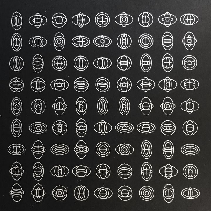 4 trits circles and ellipses, silver on black, shuffled