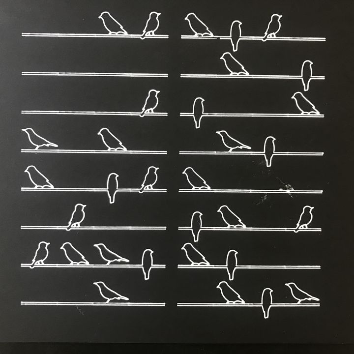 4 bits birds on a branch, white on black, branches and birds shuffled