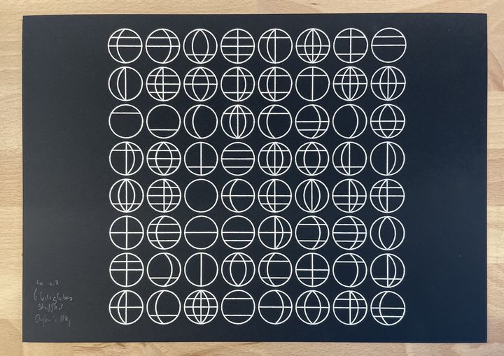 6 bits globe with binary longitudes and lattitudes, chrome on black, shuffled