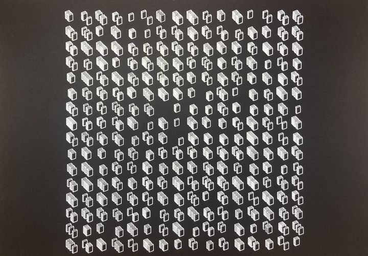8 bits books binary placed on shelves, shuffled, white on black
