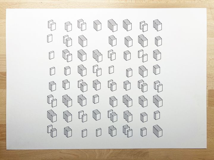 6 bits books binary placed on shelves, shuffled, black on white