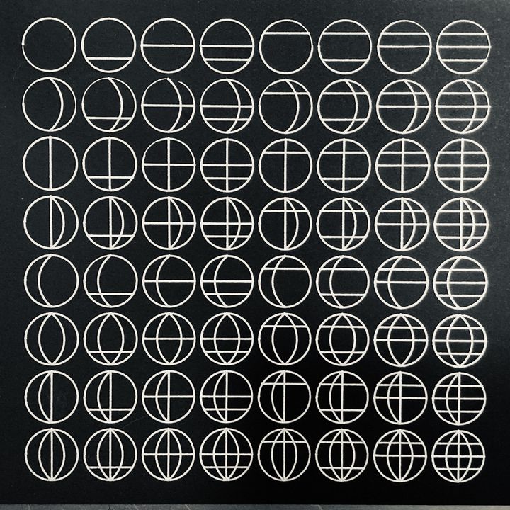 6 bits globe with binary longitudes and lattitudes, chrome on black, in sequence